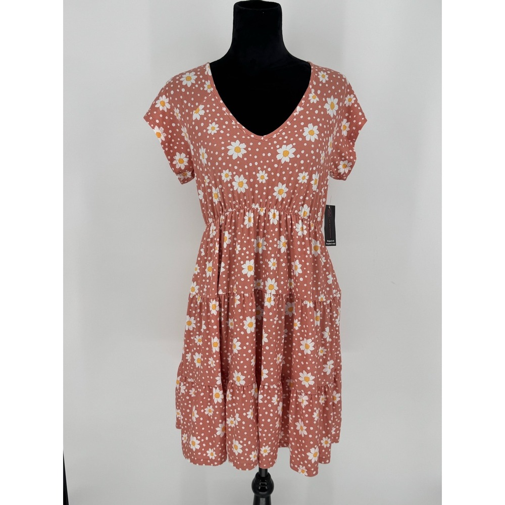 NWT No Boundaries Juniors Size L (11-13) Pink Coral Daisy Floral Stretch Dress